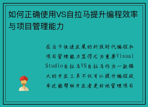 如何正确使用VS自拉马提升编程效率与项目管理能力